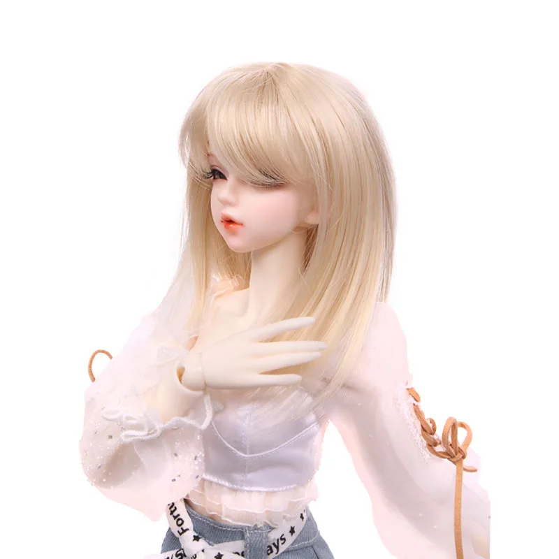 Light golden blonde long straight hairstyle with bangs bjd doll wigs 1/3, 1/4, 1/6,