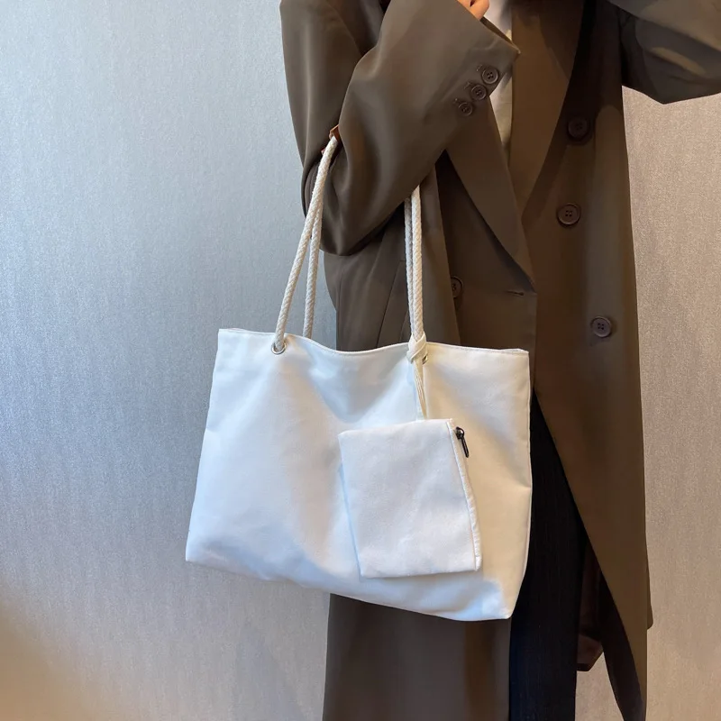 Customized Large Capacity 2Pcs In 1 Set Retro Ladies Shoulder Underarm Bag Canvas Shopping Tote Bag Women Handbag Set With Purse