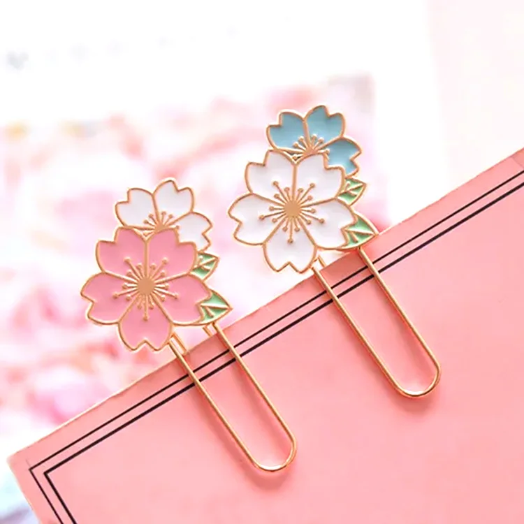 Custom Cherry Blossom Paper Clip Metal Enamel Flower Bookmarks For Binder Clips Photos Tickets Holder Documents Letter Clamp