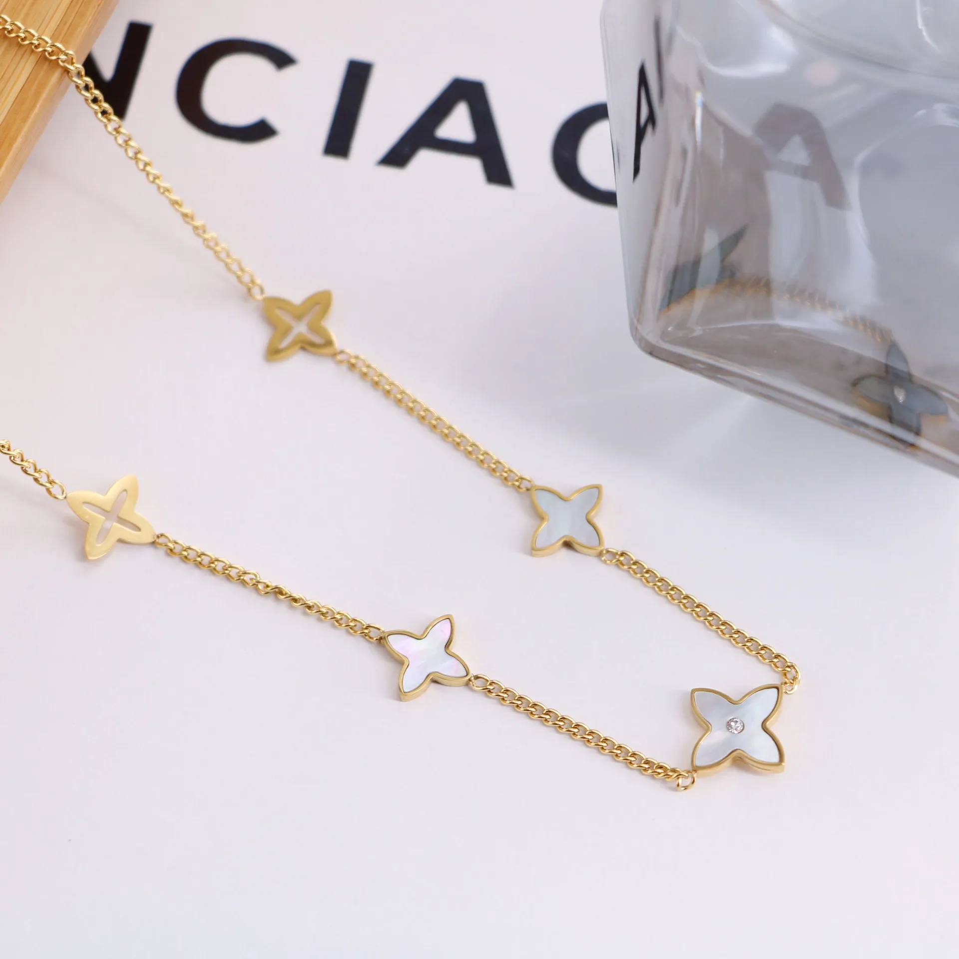 Fashion Luxury Branded Designer Necklace Four Leaf Clover 5 Flower Stainless Steel Necklace for Women Jewelry