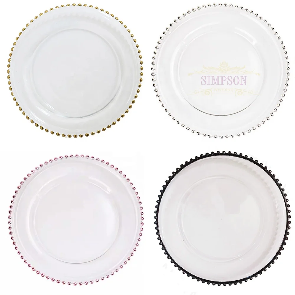 European 13 inch plastic acrylic charger plates gold beaded rim clear crystal charger plates