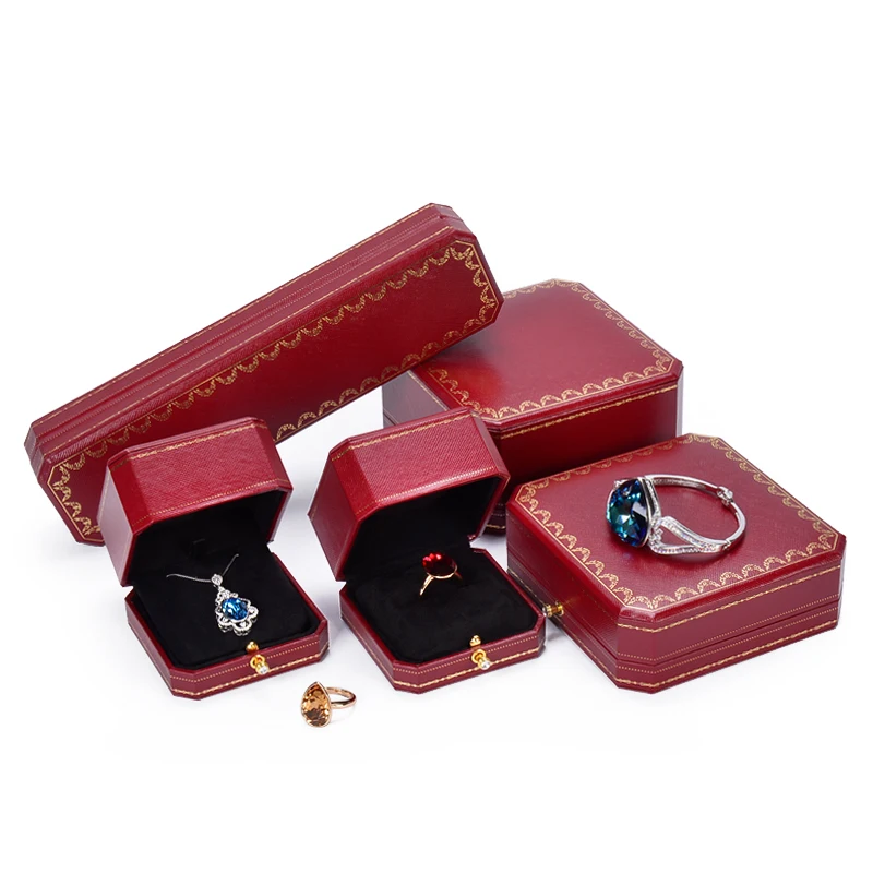 Luxury red custom brand leatherette paper ring jewelry packaging box set