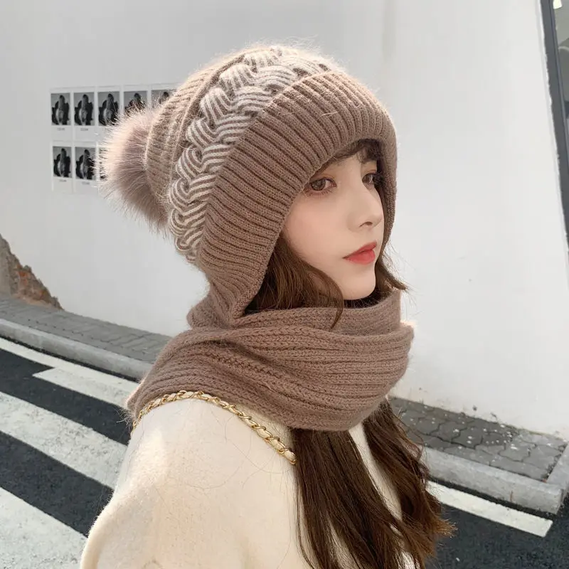 Winter Hat Scarf Ear Muffs Fashion Style Snowproof Neck Warmer One-piece Hood Knitted Cap Warm Ear protection Hat