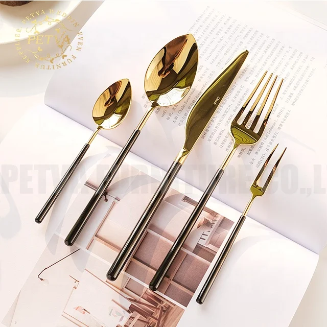 Gold with black color steel table serving dessert rice soup spoon stainless steel cutlery set 24 pice titanium gold