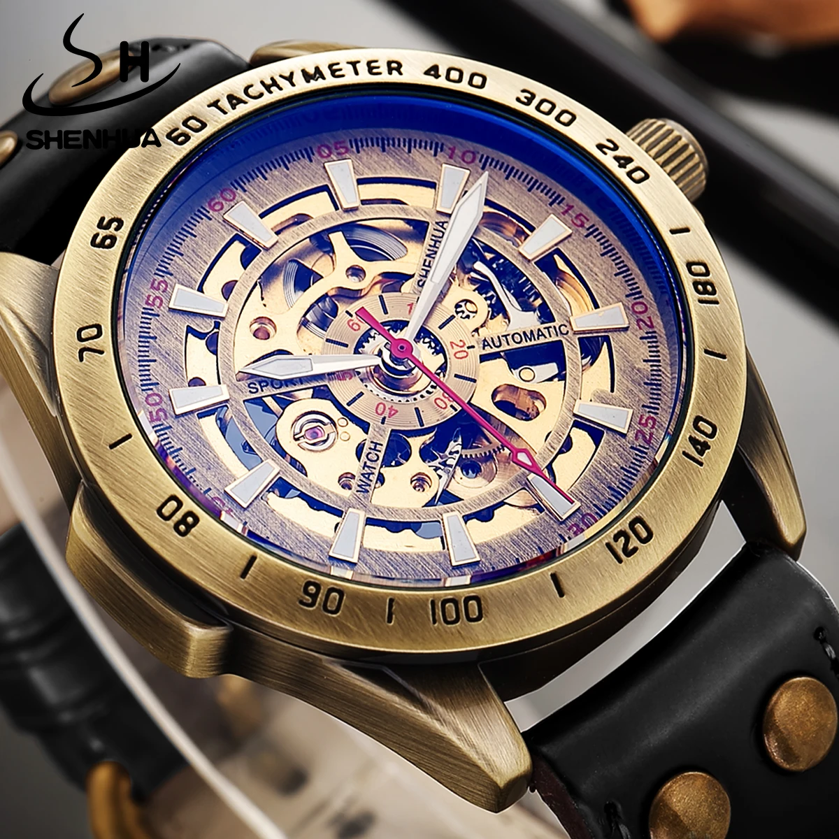 SHENHUA Military Black Genuine Leather Strap  Automatic Mechanical Luminous  Transparent Glass Watch montre homme