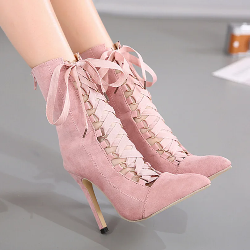 
New Style Botas Para Mujer Con Encaje Ankle Height Lace up Strappy Women Stiletto Heels Sepatu Boots for Ladies 