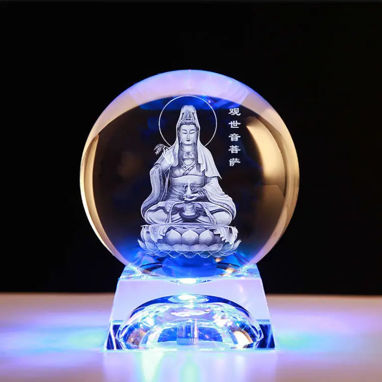 Custom Size 3d Laser Engraving Crystals Bodhisattva Decorating Christmas Clear Crystal Ball With Base