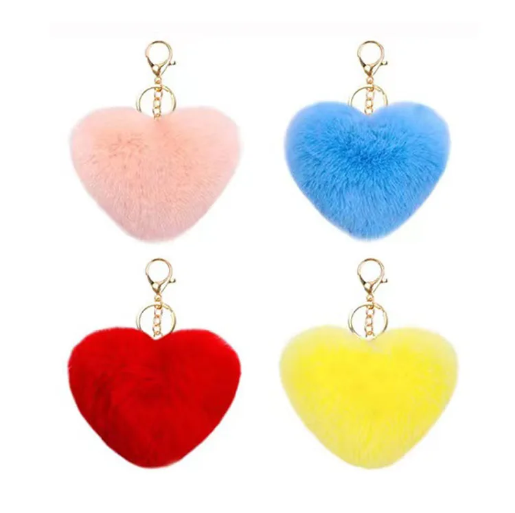 Heart Keychain Fluffy Pompom Keychain Heart Plush Key Chains