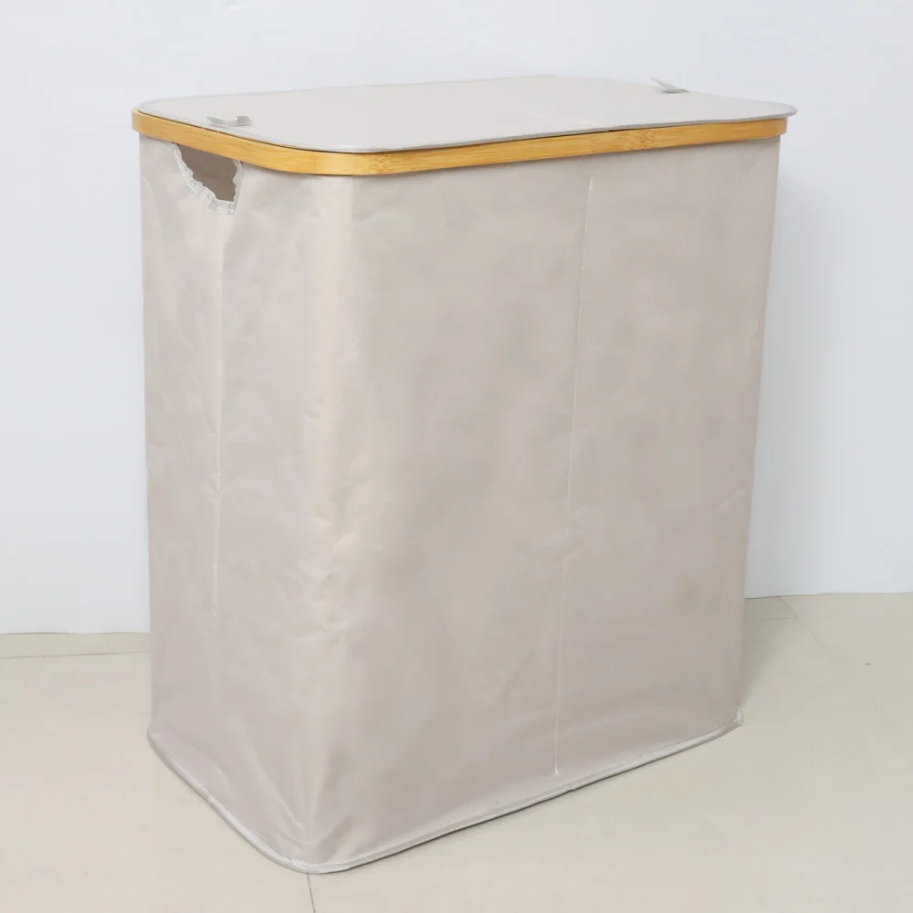 Factory Beige Bamboo Frame 2 Section Foldable Hamper Sorter Laundry Storage Basket with Lid