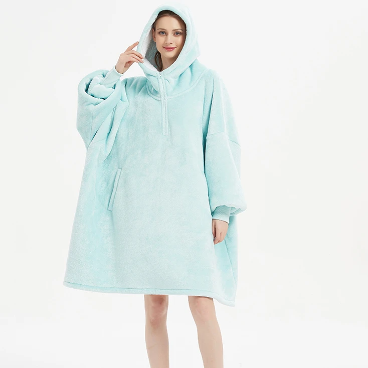 Factory Customize Warm Fleece Blanket Hoodie Zipper Big Hooded Blanket With Sleeve Oversize Adult Blanket Sweater For Women Men
