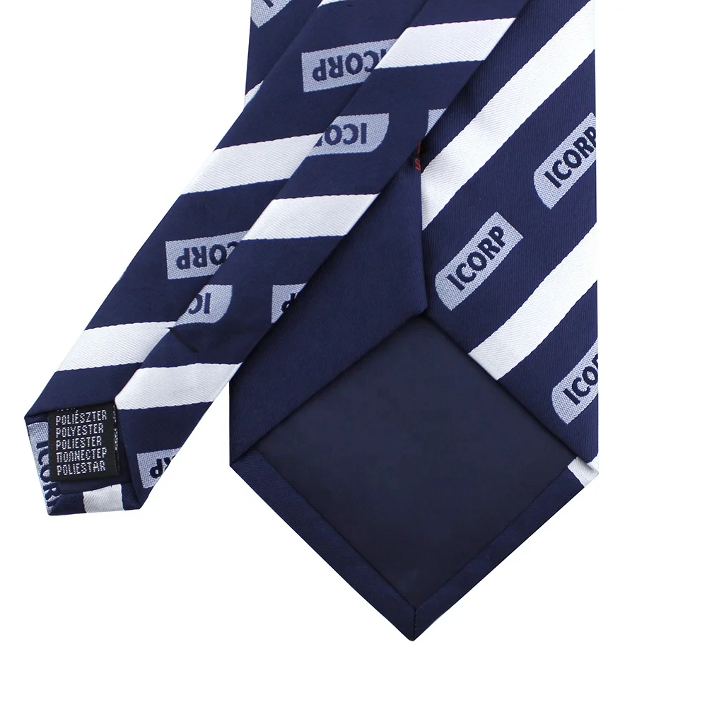 Mens Wholesale Custom Clip-on Neckties Polyester Jacquard Dark Dusty Blue White Striped Red Logo Security Clip On Ties For Men