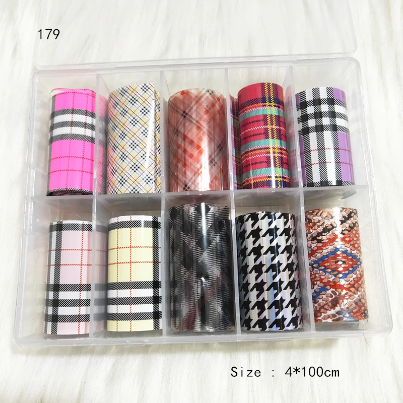 Plaid Foil 10 pcs /set 4*100 cm Nail Foil Set Flower Starry Sky Colorful Nail Art Sticker Decals for Nail Decorations