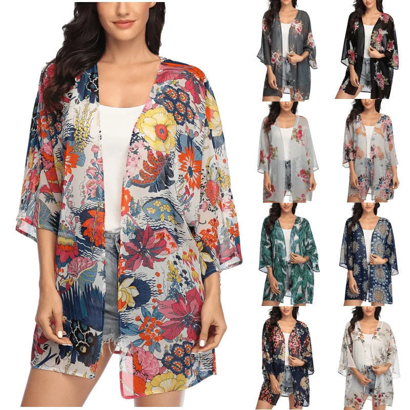 Women Plus Size Floral Chiffon Silk Cardigan Beachwear Coverup Kimono Stain Cardigan Ladies