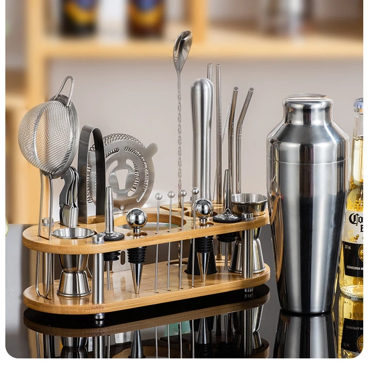 Professional Barware Tools Wooden Stand Stainless Steel Bartender Kit Bar Accessories Jigger Cocktail Shaker Set