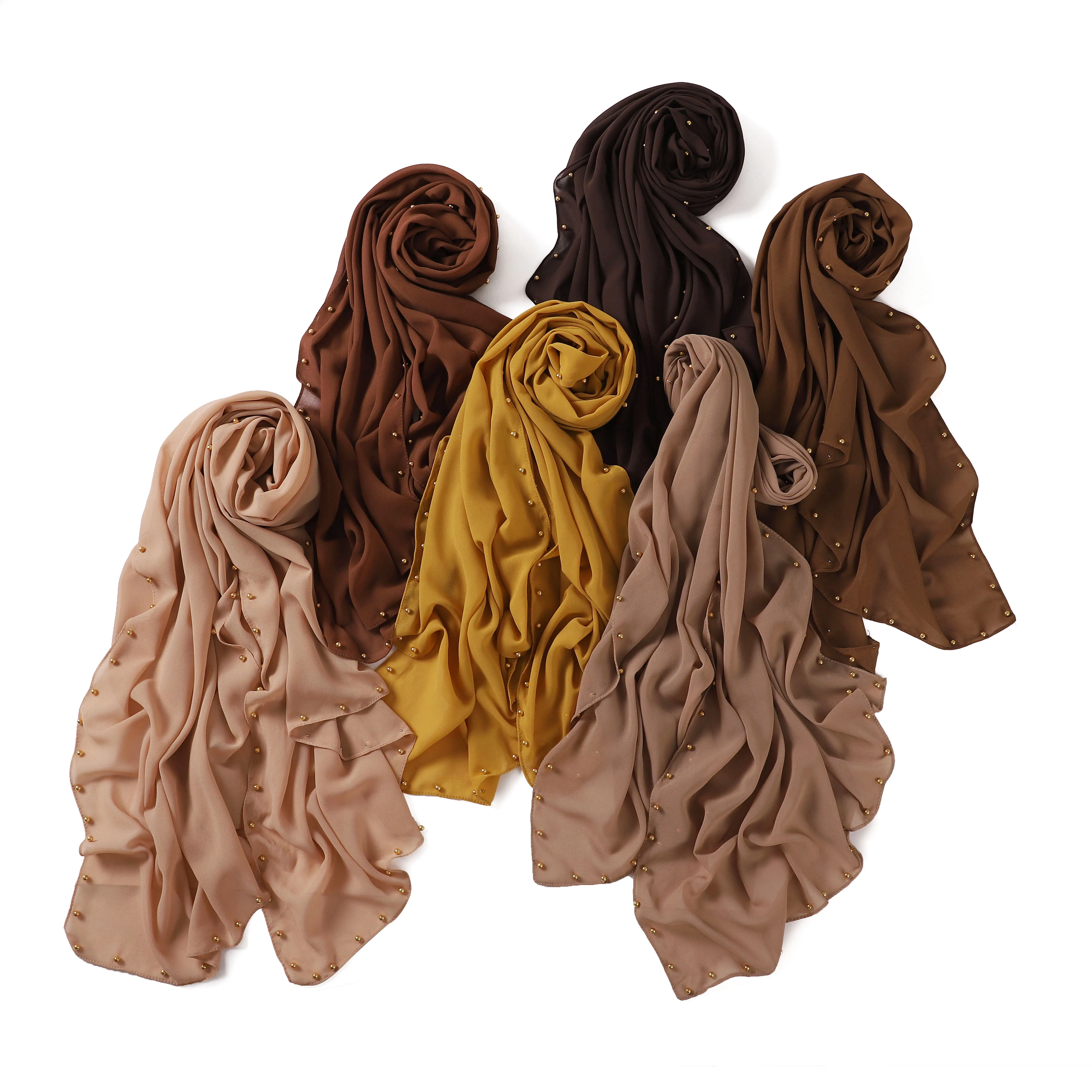 Hot Selling New Style Fashion Plain Chiffon Fabric Muslim Women Hijab Wraps Headscarf Scarves Beaded Shawl Shoulder Scarf