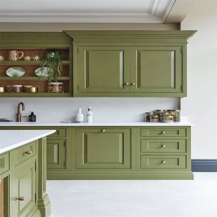 Modern kitchen cabinet sets high quality olive green painting customized cabinet top lines style
