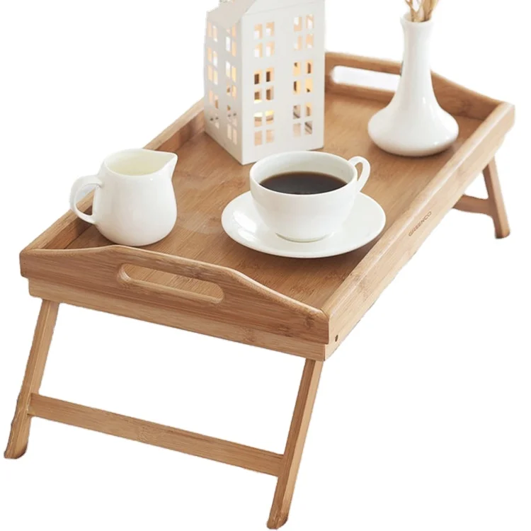 In stock wholesale Bamboo Wood Bed Tray with Folding Legs allow for easy storage