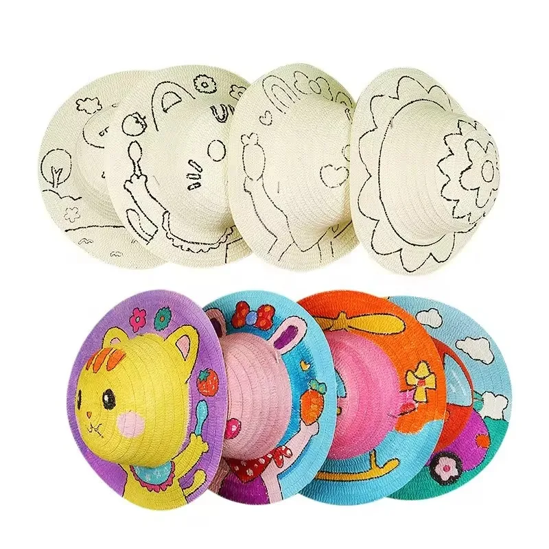 Hot Selling Handmade Creative Graffiti Handmade Diy Painting Hat Paint Kids Straw Hat For Beach Sun