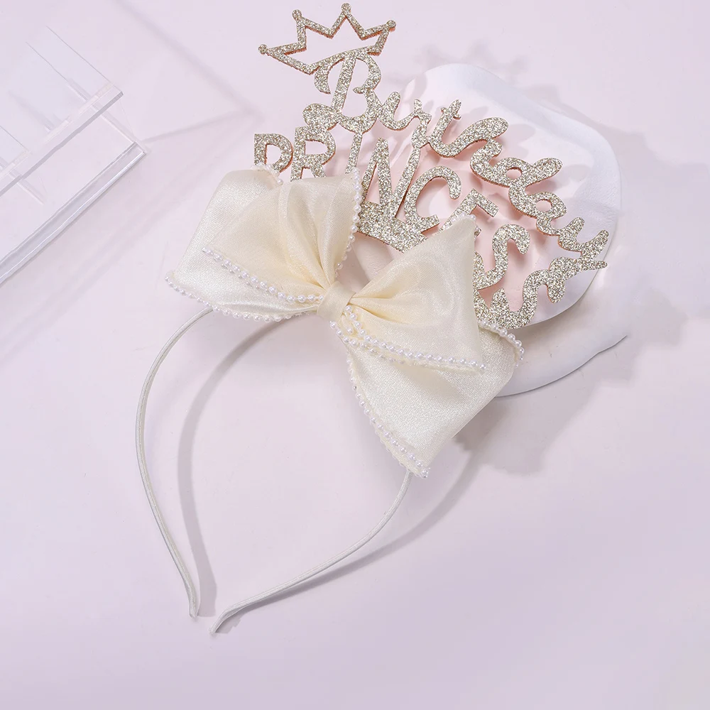 CN Happy Birthday Headband Glitter Letters Girls Organza Pearl Bowknot Birthday Hairband for Party Hair Accessories