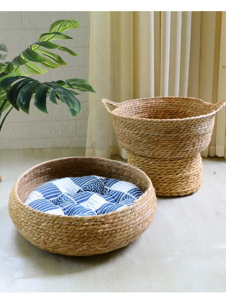Hand Made Rattan Round Bed with Soft Cushion for Cats or Small Dogs Rattan Cat Bed