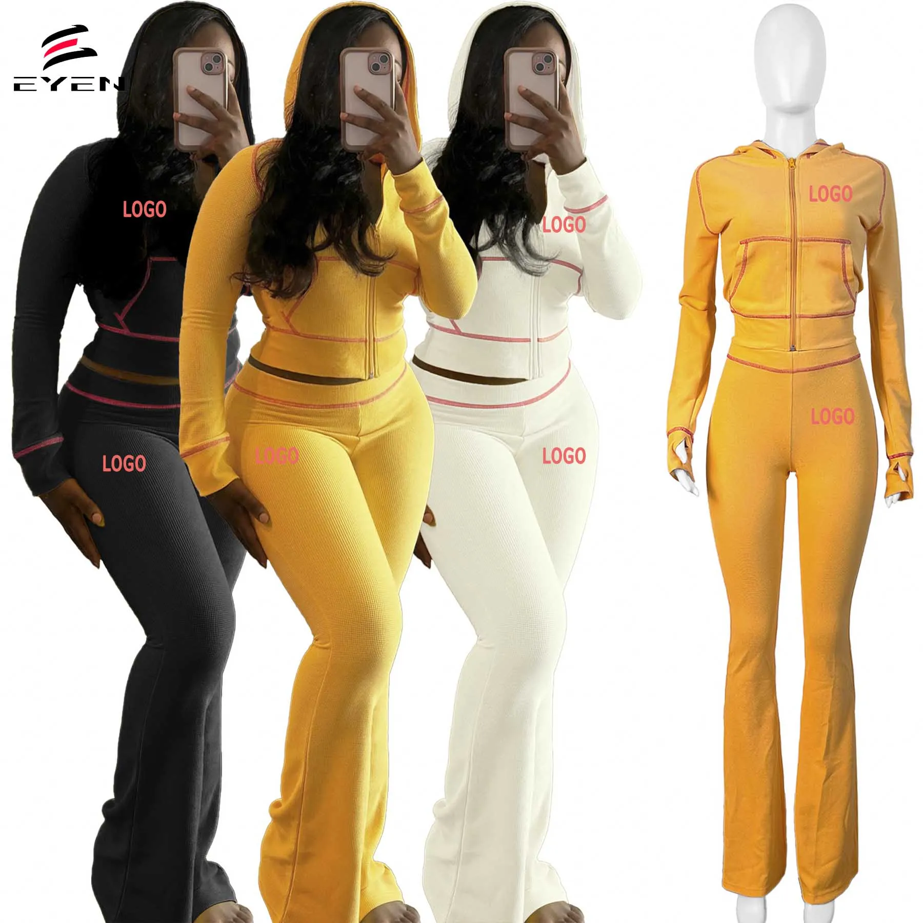 Conyson Women Clothes Waffle Knit outfits Tracksuits Jogger Pants 2 pieces Set Hoodie And Sweatpants Sweatsuits Women Lounge Set