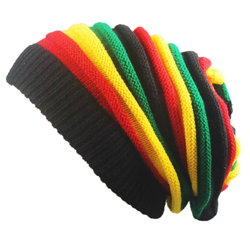 High quality rainbow stripes all over print custom logo jacquard slouch beanies winter hat