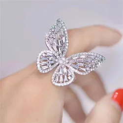 2021 Jewelry Women Beautiful CZ Micro Zircon Butterfly Open Ring Silver Rhinestone Vibrator Butterfly Ring For Party