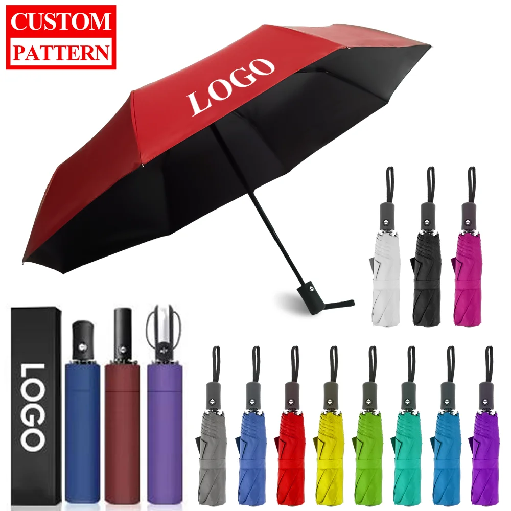 Print Logo Promotional Full Automatic open close 3 Folding Polyester Pongee Travel windproof umbrella For Gift With Logo Vintage