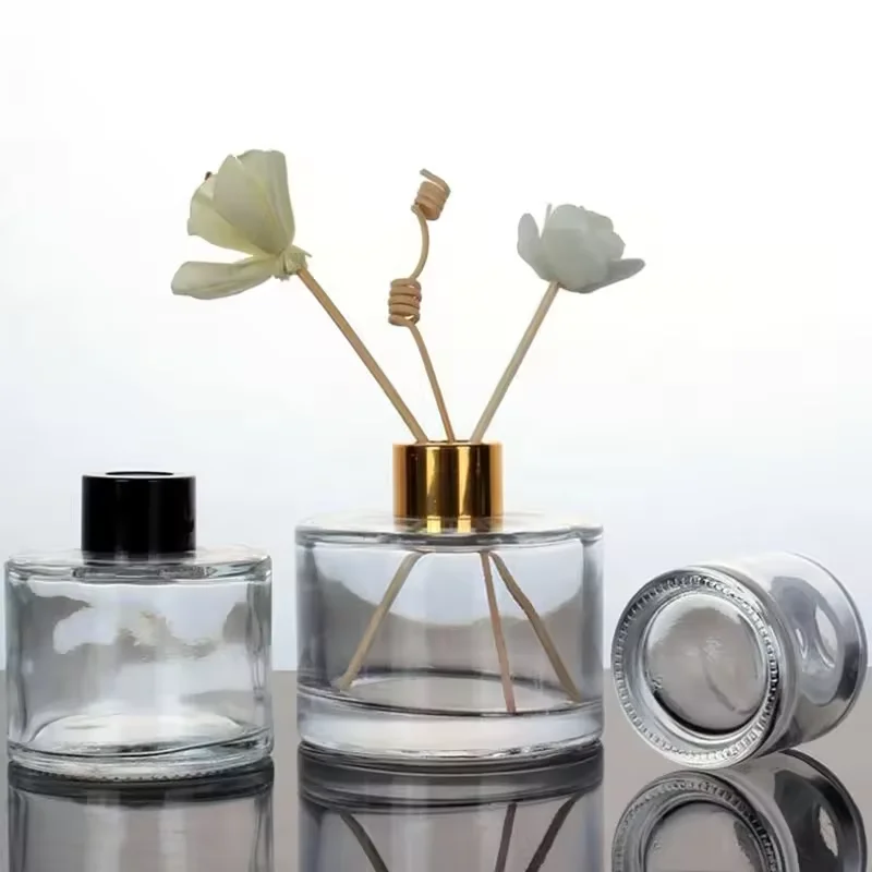 Luxury Classic Cylindrical Clear Reed Diffuser Bottle 50ml 100ml 150ml 210ml Glass with Screw Caps and Screen Printing