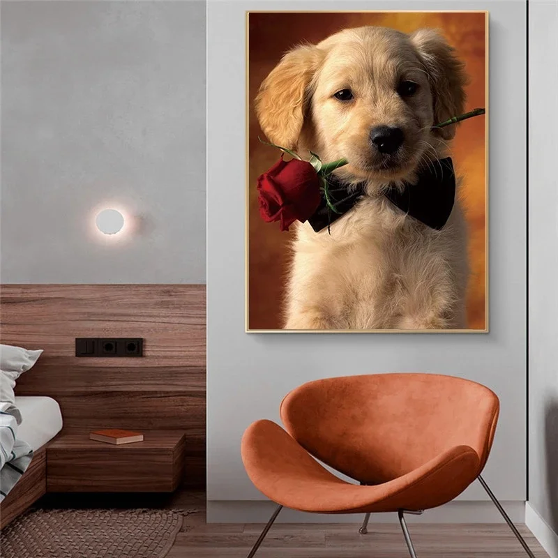 Dog and Rose Flower Canvas Paintings on The Wall Art Posters and Prints Classical Animals Dog General Art Pictures