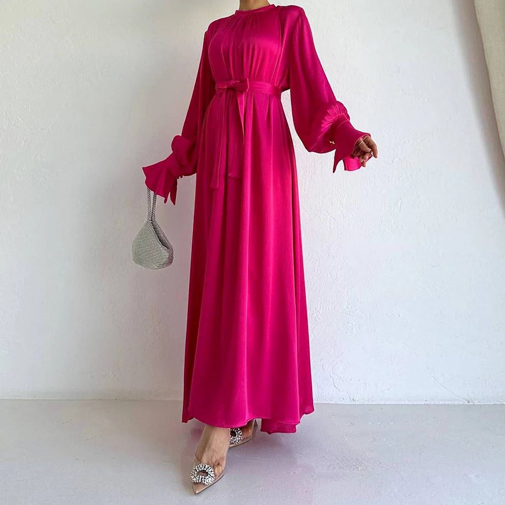 2024 Latest Muslim Long Dress Arab Dubai Modest Solid Color Elegant Satin Abaya Dress Islamic Muslim Dress for women