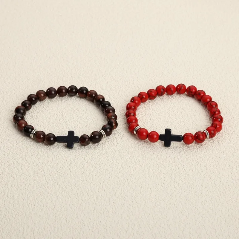 Minimalist Fashion Matte Black Bead Tiger Eye Bracelet Trendy Cross Turquoise Volcano Stone Bead Bracelet