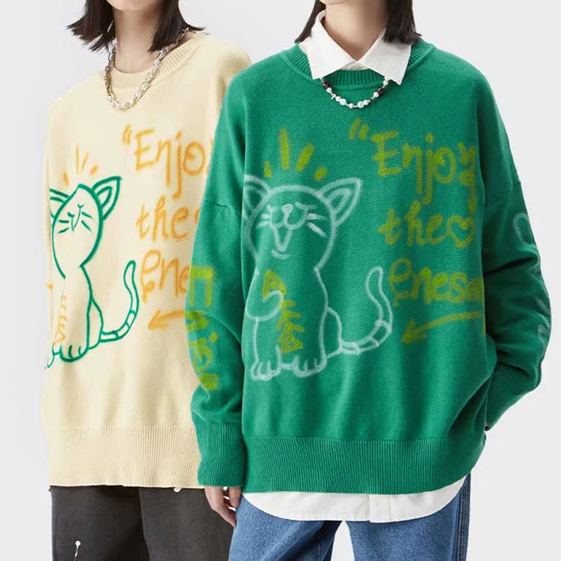 Couple Clothing 2023 Winter New Fashion Brand Little Cat Graffiti Loose Warm Pullover Jacquard Sweater For Men And Women Couples
