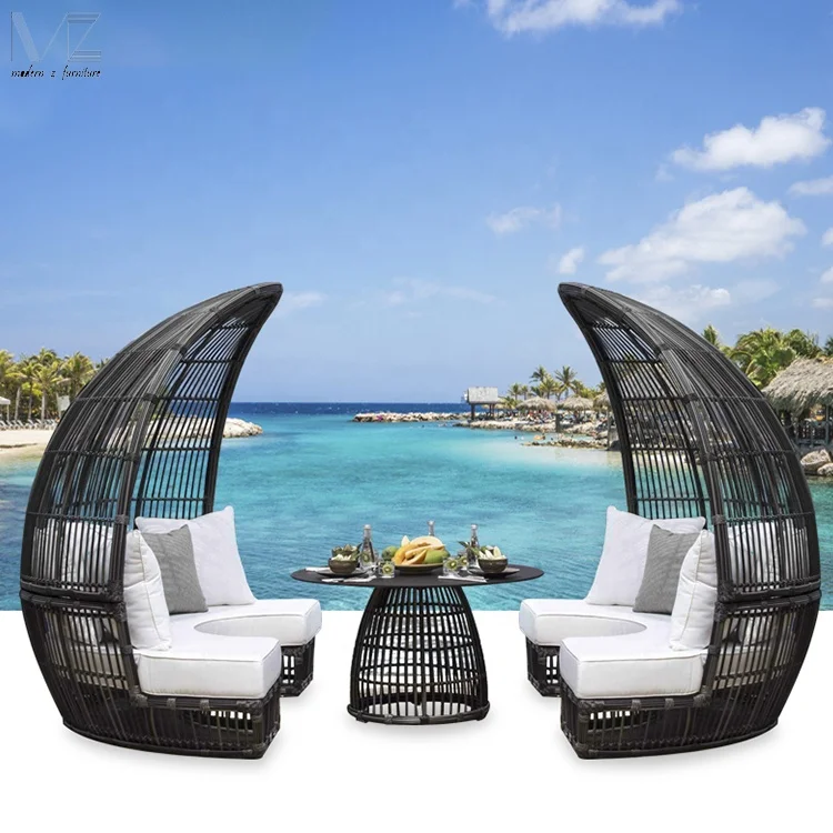 Modern Outdoor Furniture Garden PE Rattan Sun Lounger Soft Cushion Round Sun Bed Set with Aluminum Frame