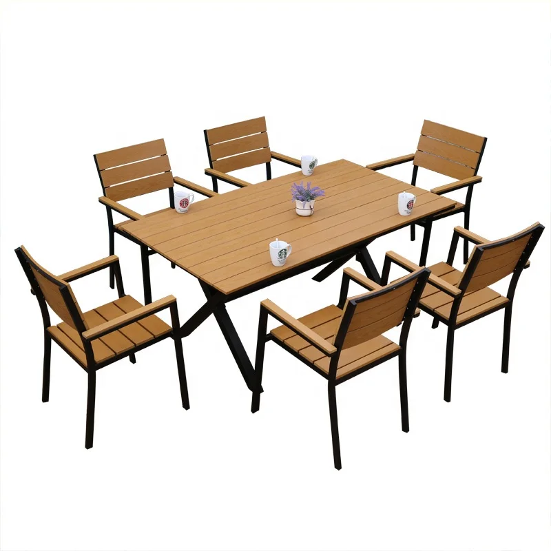 
New style Patio FurnitureEnvironmental Protection Material Teak color Composite Wood and Plastic Garden Table and 6 Chairs 