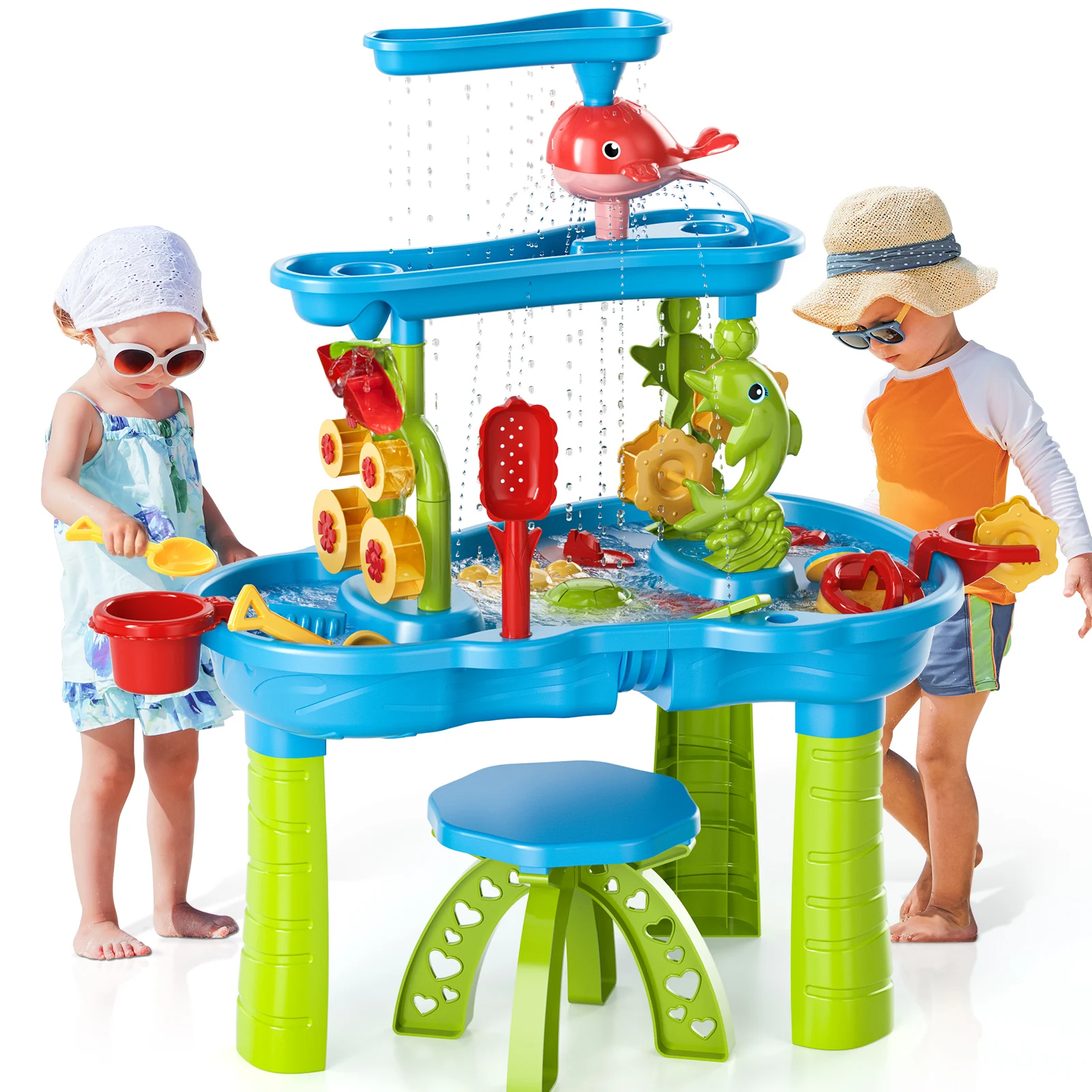 Summer Water Table Boys Girls Beach Backyard Park Activity Toddler 3 Tier Water Sandbox and Kids Water Table