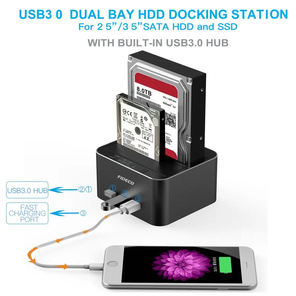 FIDECO Usb External Duplicator 12V 3A Dual Bay Sata Hard Drives Disk Dock Clone Usb 3.0 Hub Hdd Docking Station Clone