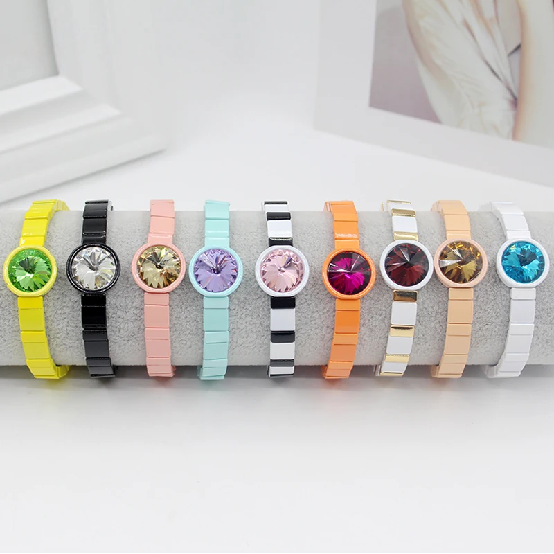 Manufacturer Wholesale Customizable Enamel Tiles Colorful Crystal Stone Rainbow Rectangle Square Bracelet Women