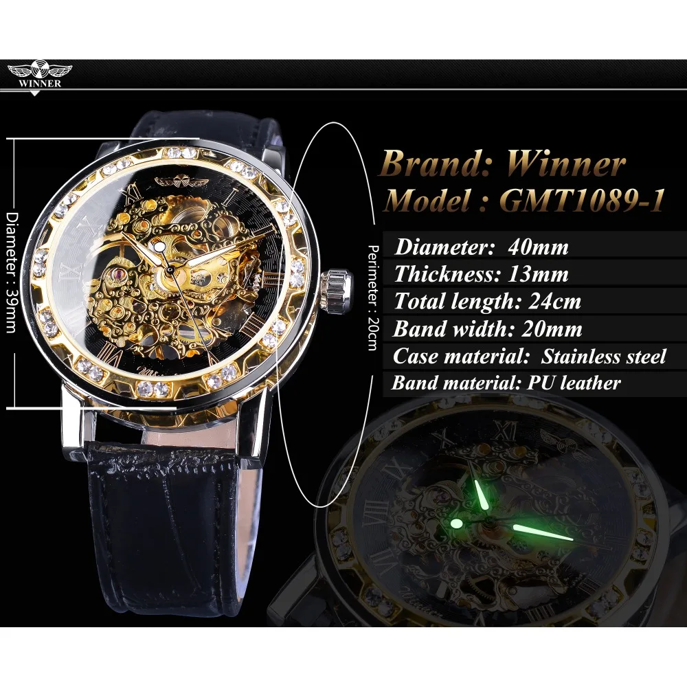 Winner Black Golden Retro Luminous Hands Fashion Diamond Display Mens Mechanical Skeleton Wrist Watches Top Brand Luxury