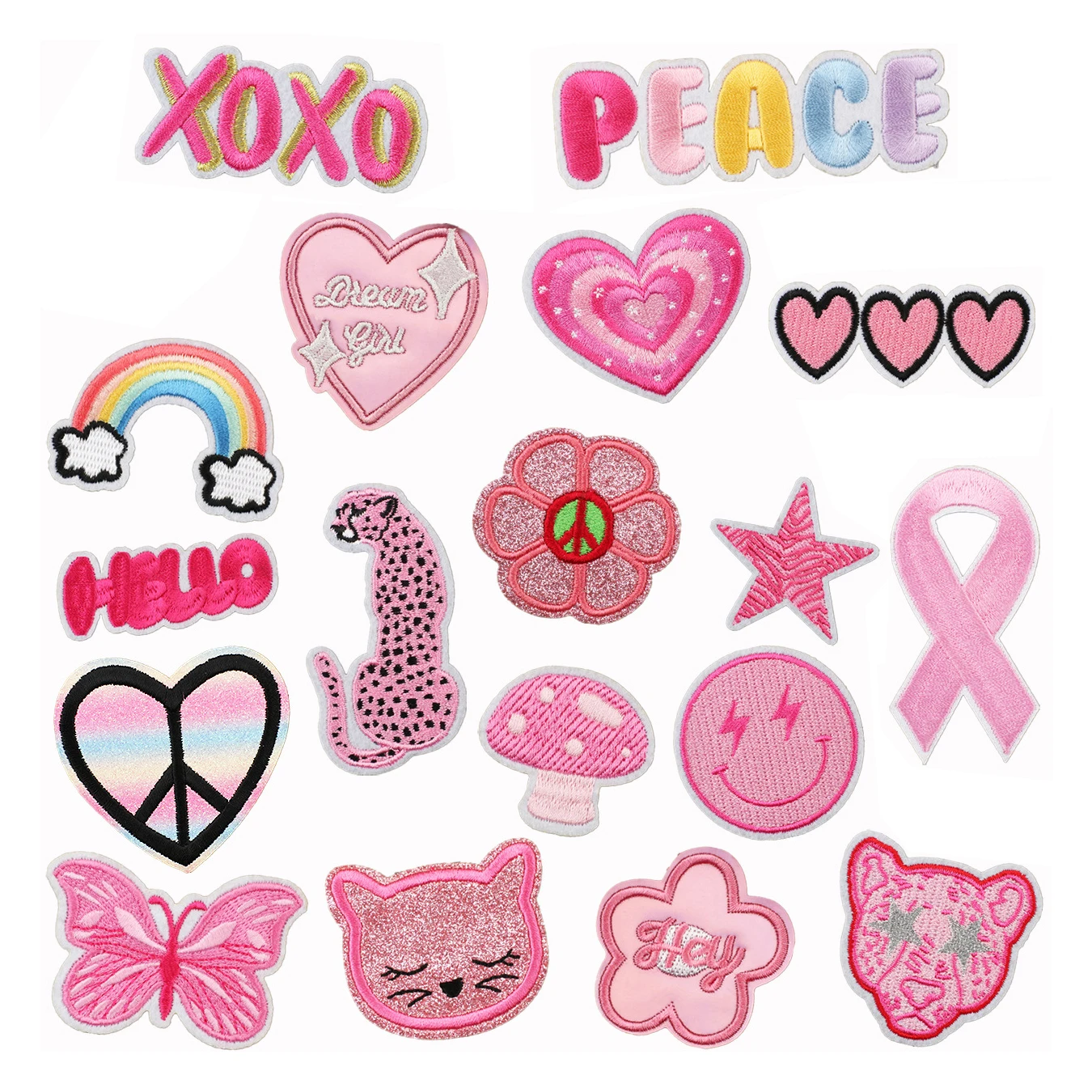 New Cute Pink Series Glitter Iron On Embroidery Patches Smiley Leopard Heart Patches