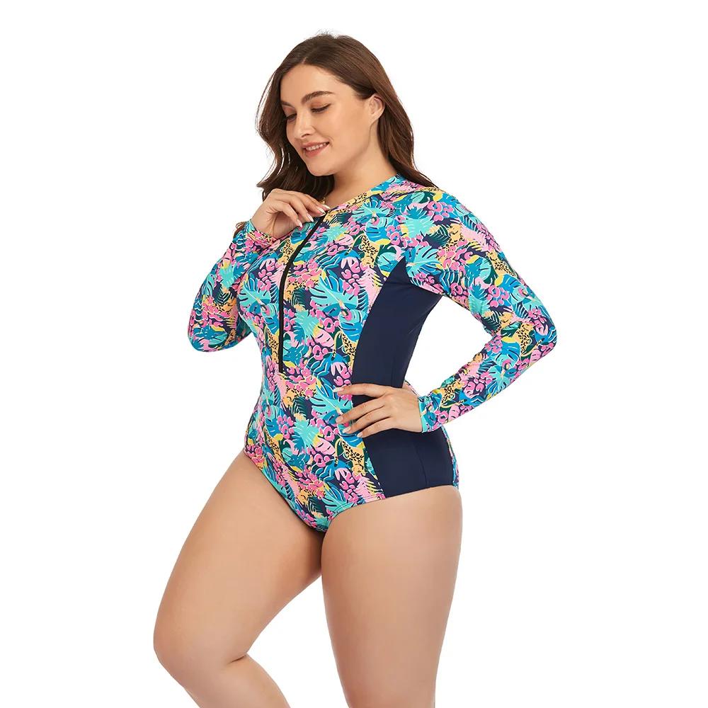 Half turtleneck long-sleeve zipper swimsuit ladies conservative triangle one-piece swimsuit purple printed plus size swimsuit