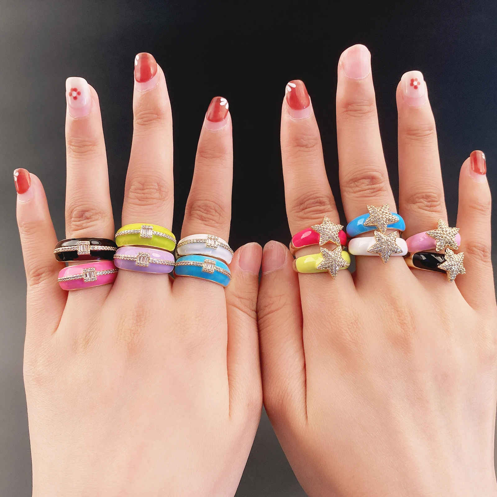 2021 Neon Enamel Shiny Zircon Opening Metal Adjustable Ring For Women Gold Plated Chunky Rings Engagement Wedding Jewelry