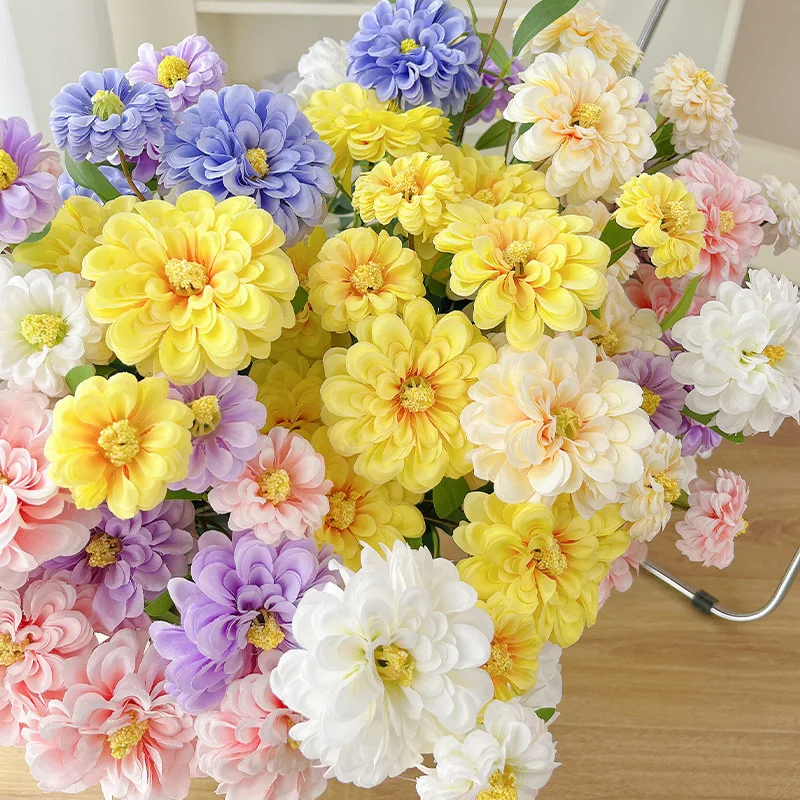 Hot Sale 3 Heads Large Artificial Silk Chrysanthemum Dahlia Flowers Pink Yellow Calendula