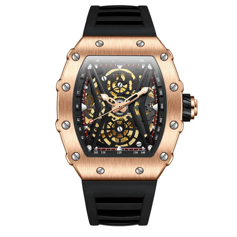 43mm Cheap Mechanical Automatic Rubber Strap 1ATM  Sport Skelton Unisex Watch With Visible Mechanism