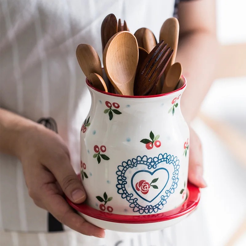 Red Cherry Printed Ceramic Chopsticks Cutlery Holder with Drainage Tray
