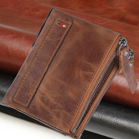 Carteras Genuine leather men wallet Short fashion coin wallet Crazy Horse cowhide double zip money clip porte feuille homme cuir