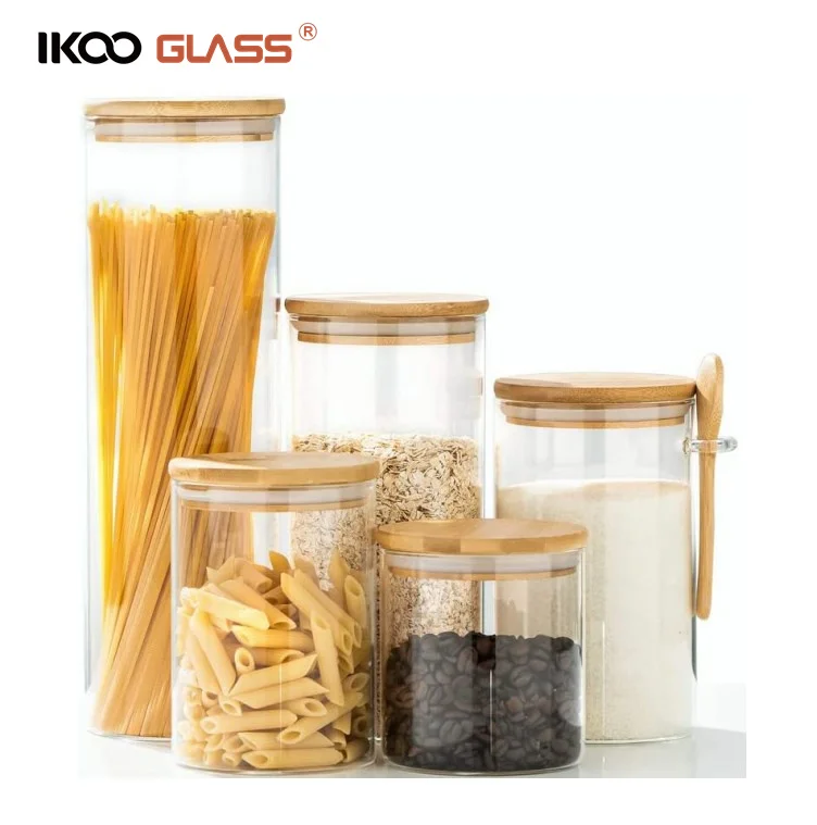 IKOO clear airtight 8 oz large glass jar with real bamboo lid for noodles flour cereal coffee beans