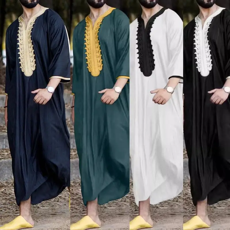 2024 Hot Selling Thobe Muslim Men Traditional  African Embroidery Fashion Moroccan Thobe Men Loose Solid Kandura Thobe for Men