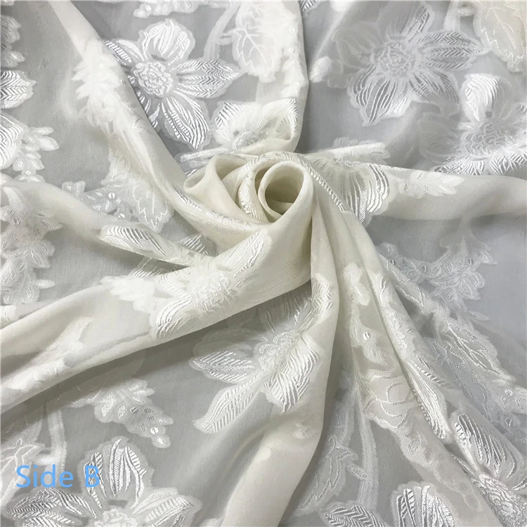 
White Bridal Fabric 14.5mm Floral Silk Viscose Fabric Jacquard Fabric for wedding dress 