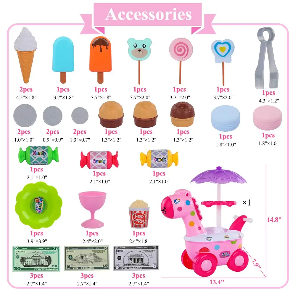 35pcs Deluxe Ice Cream Toy Cart - Storage Trolley with Cupcakes, Desserts, and Candy Shop Pretend Play Food Set